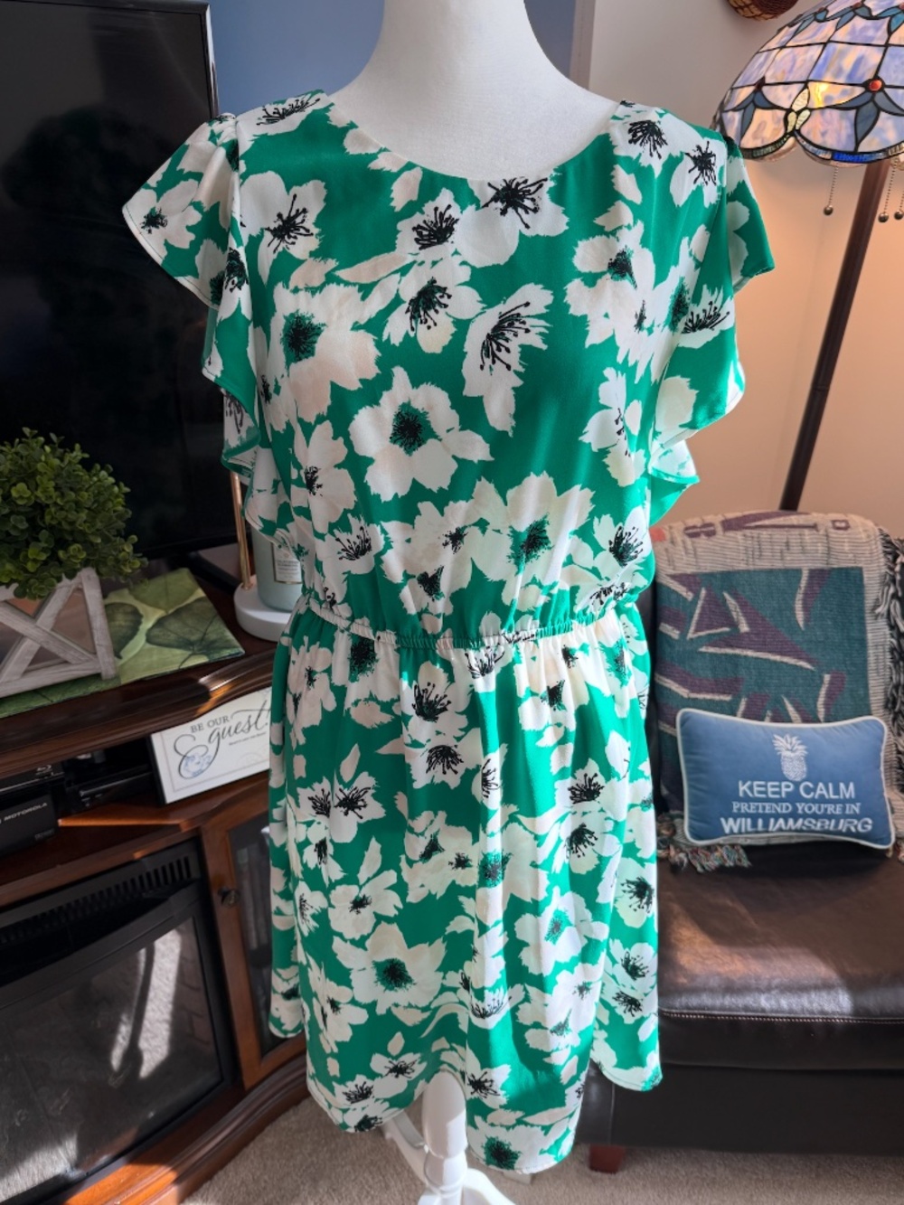 Merona Green Floral Dress with Ruffled Sleeves Women's M - NWT